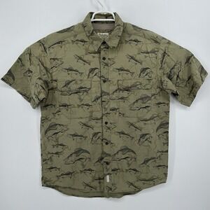 Cabelas Mens L Green Fishing Bass Print Button Shirt Camp Short Sleeve Vent